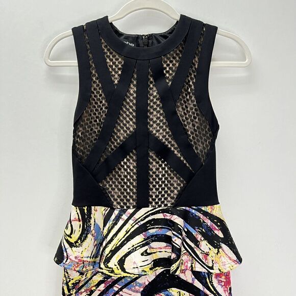 Bebe Bodycon Peplum Lace Neoprene Bright Colorful Midi Dress Sleeveless Black XS - Picture 4 of 16